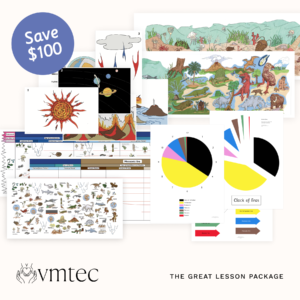 The great lesson package with timeline of life, mural of life, clock of eras, and geography impressionistic charts for montessori cosmic curriculum